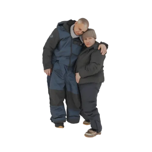 3D model of a man and woman in winter overalls embracing, with the man's arm around the woman.