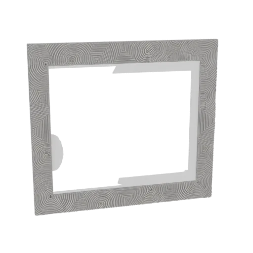 Ein 3D-Rendering eines rechteckigen Bilderrahmens mit einem verzierten, geprägten Wirbelmuster am Rand, vor einem weißen Hint