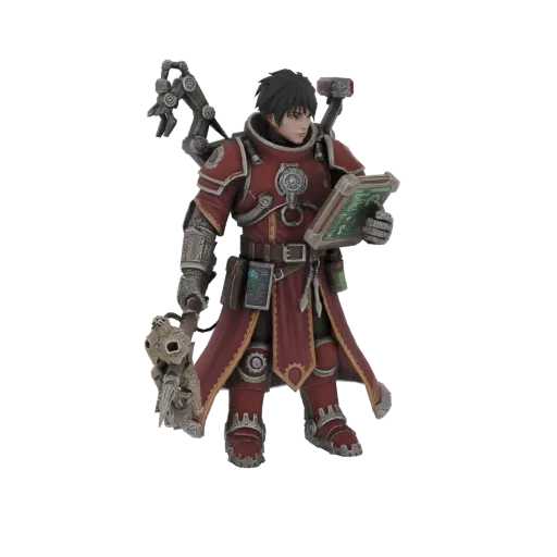 3D model of a Warhammer 40,000 Adeptus Mechanicus Tech-Priest in red robes, holding a data-slate and featuring a mechanical s