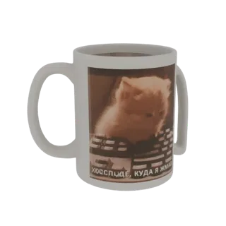 3D-Modell einer weißen Tasse mit niedlichem pfirsichfarbenem Kätzchenbild und russischem Text, mit Henkel und gefüllt mit dun