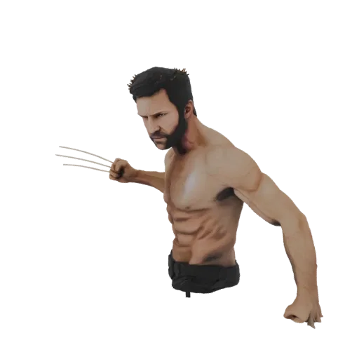 3D model render of Wolverine in a dynamic pose, extending his adamantium claws, with a muscular physique.