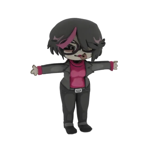 3D-Rendering einer Chibi-Geschäftsfrau mit dunklem Haar, Brille, Anzug und rosafarbenen Akzenten, Arme ausgestreckt.