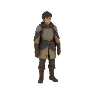 Modelo 3D de un joven caballero de pie, vistiendo armadura acolchada en capas, guanteletes de cuero y botas, con pelo corto y
