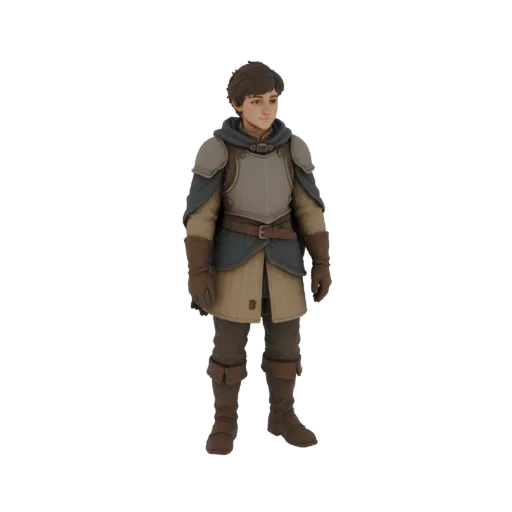 3D-Modell eines jungen stehenden Ritters, der mehrlagige Stepprüstung, Lederhandschuhe und Stiefel trägt, mit kurzen braunen
