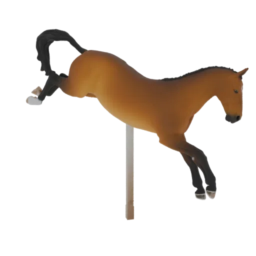 3D model of a bay horse captured mid-leap, with its legs tucked and tail flowing, against a white background.