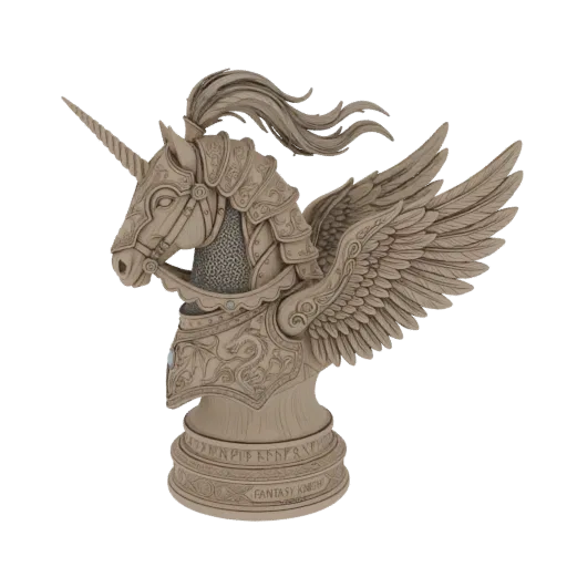 3D model of a unicorn's head and shoulders wearing ornate knight armor with feathered wings, set against a white background.