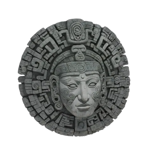 Modello 3D di un rilievo in pietra del Dio Sole Maya con incisioni intricate e texture di pietra consumata, su sfondo bianco.