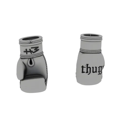 3D model of two silver boxing gloves charms, one with '43' and the other with 'thug' inscribed, against a white background.