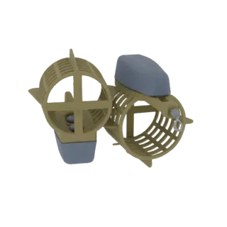 A 3D render of two vintage hair curlers, one open and one closed, with beige cages and grey caps, against a black background.