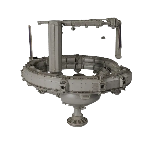 Orbital Station Corridor Realistic 3D model, three-quarter studio render, showing metal modules, modular station layout.