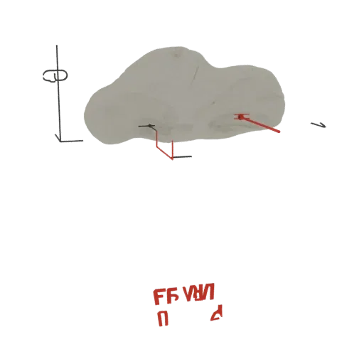 3D render of a stylized, light-colored rock formation with red and black annotations, set against a black background.