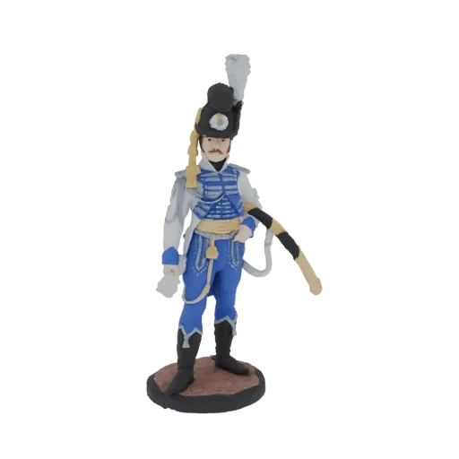 3D model of a French Hussar soldier in a blue and white uniform with a tall, plumed shako, standing on a textured base.