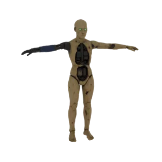 Modèle 3D d'un mannequin android dégraissé avec des mécanismes internes exposés et des yeux verts lumineux, debout, bras tend