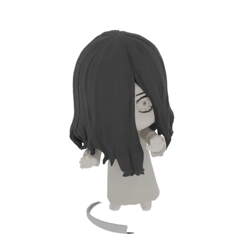 3D-Modell eines Chibi-Geistmädchens mit großen Augen, dunklem Haar, blassem Kleid und Sense.