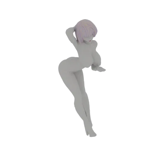 A 3D render of a stylized female figure with short, layered pink and yellow striped hair, posed dynamically against a black b