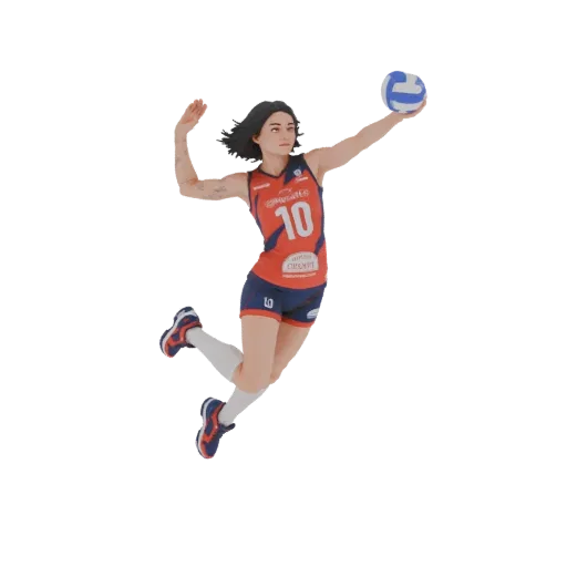 3D model of a female volleyball player in mid-air, wearing a red and blue uniform, with her arm raised to hit a volleyball.