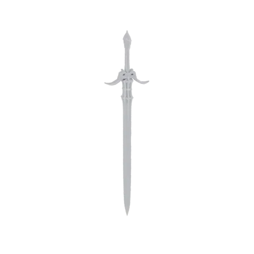 Um modelo 3D detalhado de uma espada fantástica ornamentada com um punho decorativo e uma lâmina afiada, apresentado sobre um