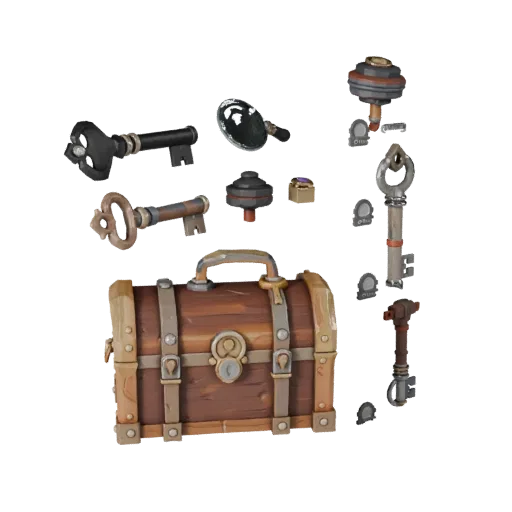 Royal Loot Key Low Poly 3D model, game viewport three-quarter view, showing aged wood, clear pickup silhouette.