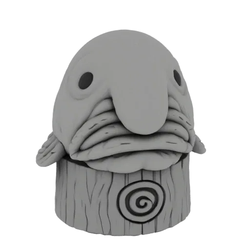 A 3D render of a grotesque blobfish creature with a textured wooden base featuring a black swirl symbol, presented against a white background.