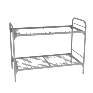 3D model of a minimalist metal bunk bed with slatted frames, presented against a black background.