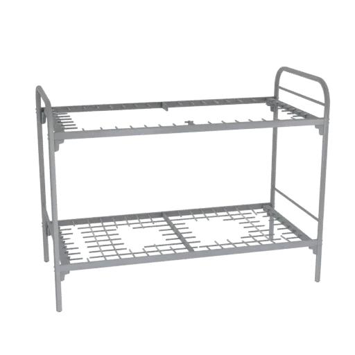 3D model of a minimalist metal bunk bed with slatted frames, presented against a black background.