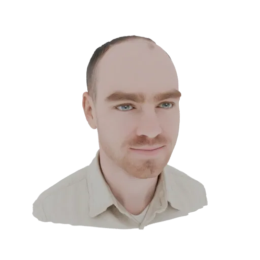 3D-Modell-Render eines Mannes mit blauen Augen und hellem Hemd vor weißem Hintergrund.