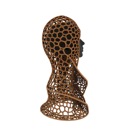 3D model of a hooded cowl with a brown honeycomb lattice pattern, shown on a black mannequin head.