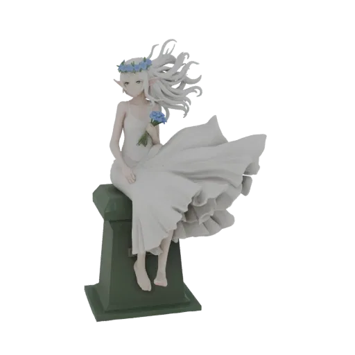 Modèle 3D d'une elfe sereine aux longs cheveux blancs, portant une couronne de fleurs bleues, tenant un bouquet de fleurs ble