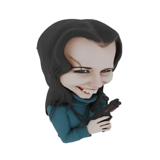 3D model of a caricature woman with a large head and a gun, wearing a teal turtleneck.