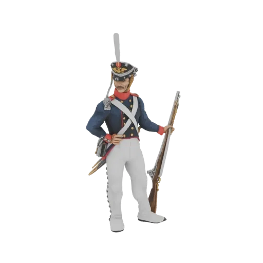 Modello 3D di un soldato napoleonico della campagna del 1812, con uniforme blu e pantaloni bianchi, che impugna un moschetto.