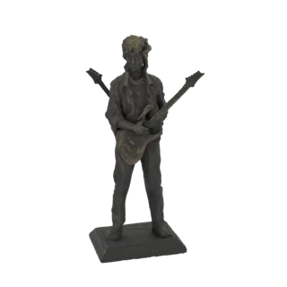 3D model of a dark-toned statue of a rock guitarist holding two electric guitars, standing on a rectangular base.