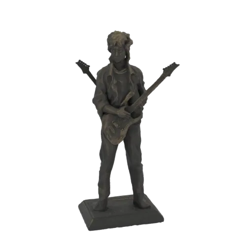 3D model of a dark-toned statue of a rock guitarist holding two electric guitars, standing on a rectangular base.