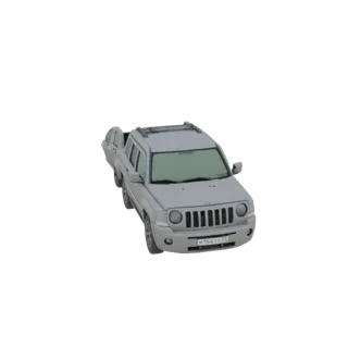 3D model of a gray Jeep Patriot SUV viewed from a slightly elevated front angle, showcasing its grille and headlights.