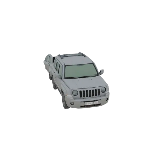 3D model of a gray Jeep Patriot SUV viewed from a slightly elevated front angle, showcasing its grille and headlights.