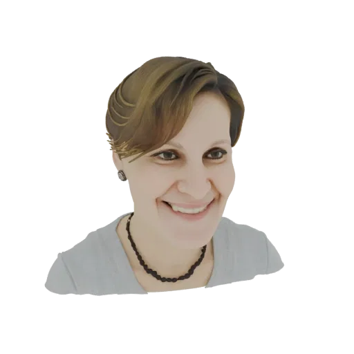 3D model render of a smiling woman with short brown hair and a dark beaded necklace, wearing a grey top.