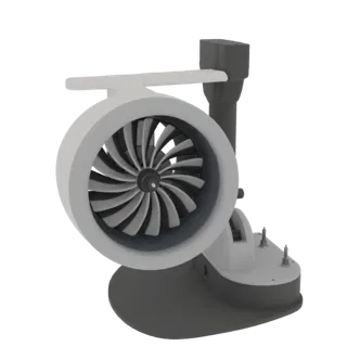 Modello 3D di una ventola di motore a reazione con pale visibili e un supporto grigio, presentato su uno sfondo bianco.