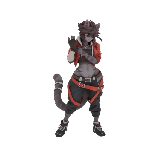 3D model of an anthropomorphic cat character standing with one paw raised, wearing a red jacket, black pants, and sneakers.