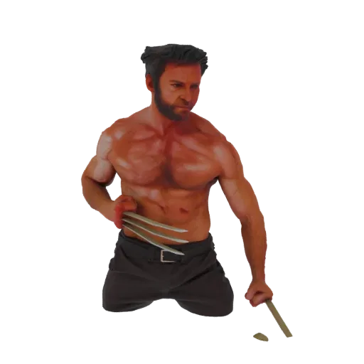 Modelo 3D de Wolverine en una pose de acción dinámica con garras extendidas, vistiendo pantalones oscuros.