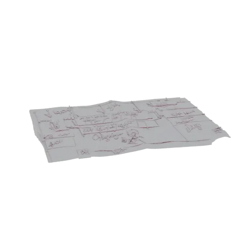 Modello 3D di un blueprint ondulato con note e schizzi scritti a mano, renderizzato con una superficie grigio chiaro e dettagli di linee rosse.