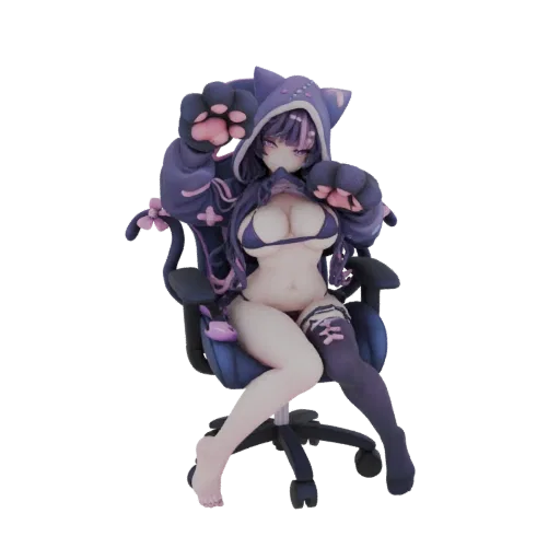 3D model of an anime cat girl in a bikini and cat-ear hoodie, sitting on a blue gaming chair with paws raised.