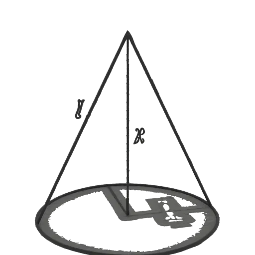 3D model of a dark metallic geometric cone with engraved symbols on its circular base and sides, showing height and slant hei