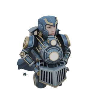 3D model of a child's bust wearing a detailed blue and gold steampunk armor resembling a train.