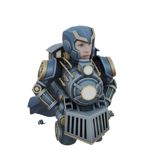 Modello 3D di un busto di bambino che indossa una dettagliata armatura steampunk blu e oro che assomiglia a un treno.
