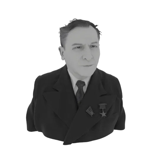 3D model bust of Ivan Bardin, a distinguished man in a suit with medals, rendered in grayscale.