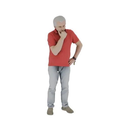 3D model of a man with gray hair, wearing a red polo shirt and blue jeans, with his hand on his chin in a thoughtful pose.