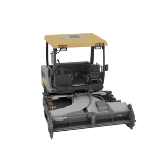 3D model of an asphalt paver with a yellow cabin and gray screed, front view.