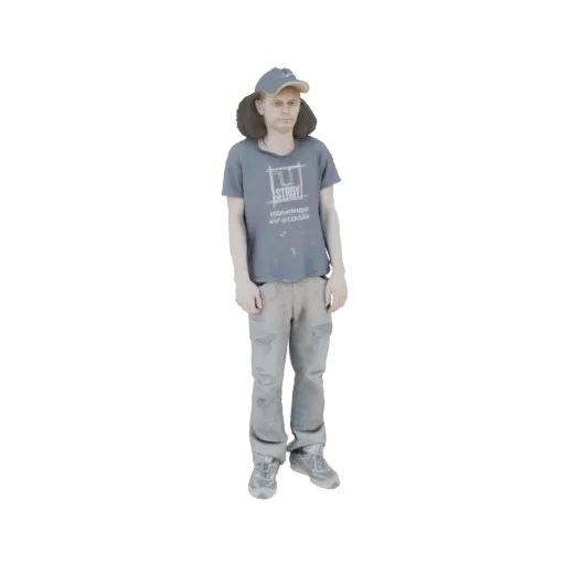 3D model of a male construction worker wearing a blue t-shirt, work pants, a blue cap, and a dark neck pillow around his shou