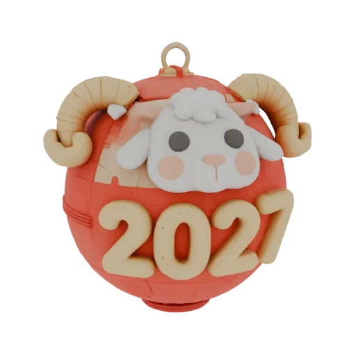 Modèle 3D d'une boule de Noël représentant un joli visage de chèvre et les chiffres «2027», dans un style argileux, sur fond