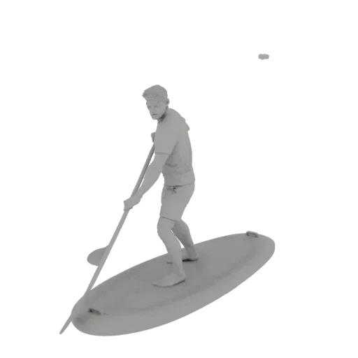 3D model of a man standing on a paddleboard, holding a paddle, looking towards the viewer.