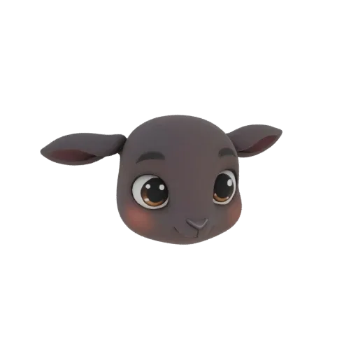 3D render of a cute, dark gray lamb's head with large brown eyes and rosy cheeks, set against a white background.